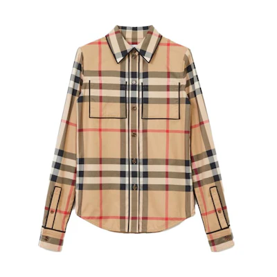 (Women) Burberry Check Trim Long Sleeve Cotton Shirt SS23 Archive Beige 80632571