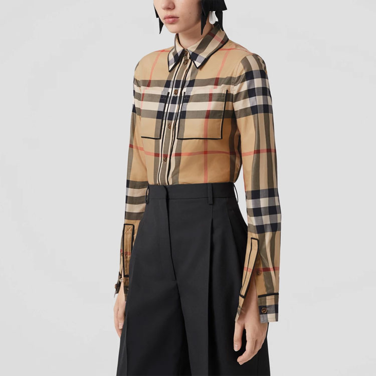 (Women) Burberry  Check Trim Long Sleeve Cotton Shirt SS23 Archive Beige 80632571 圖 8