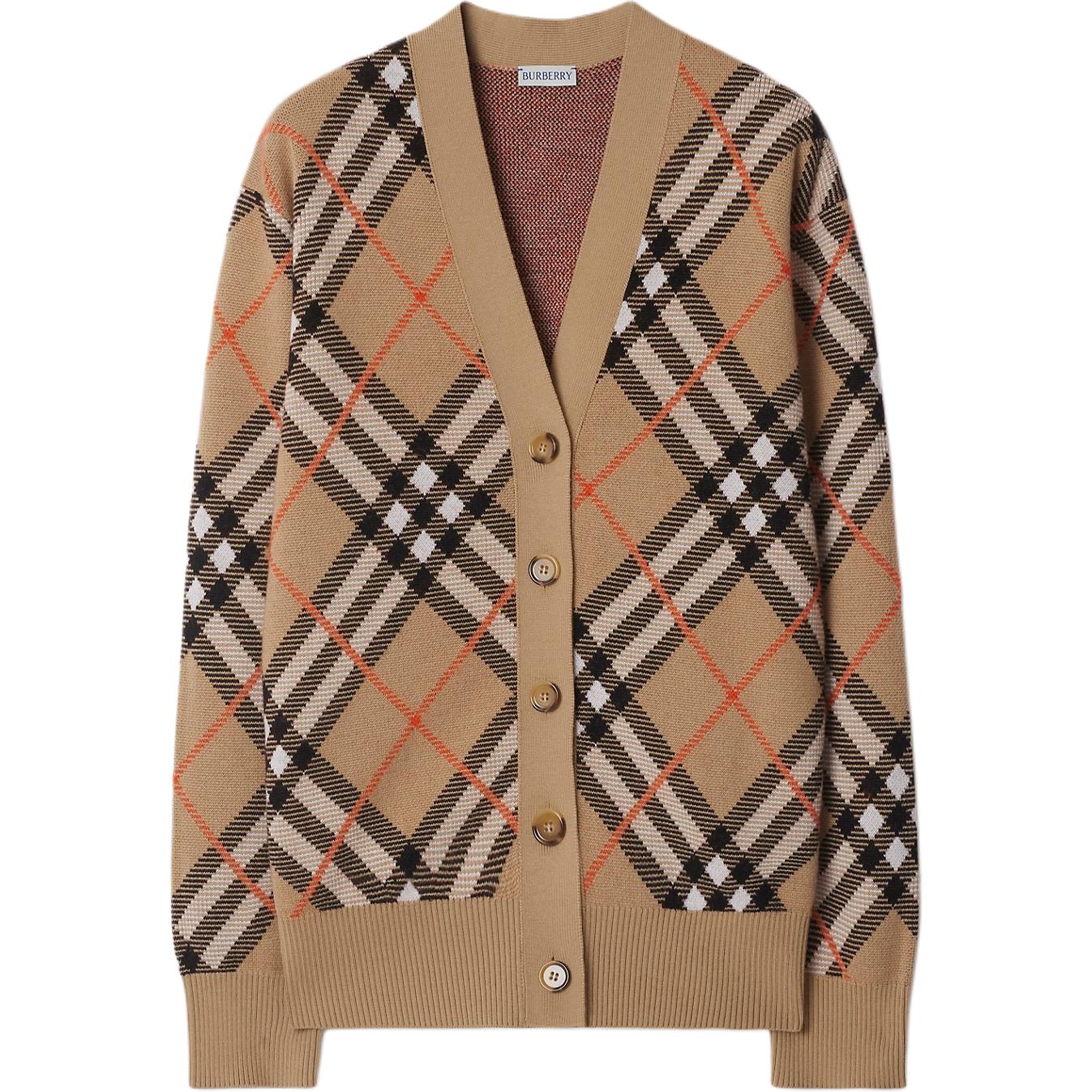 (Women) Burberry  Check V-Neck Button-Up Loose Knit Sweater Brown. 80934911