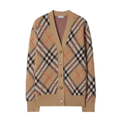 (Women) Burberry Check V-Neck Button-Up Loose Knit Sweater Brown. 80934911