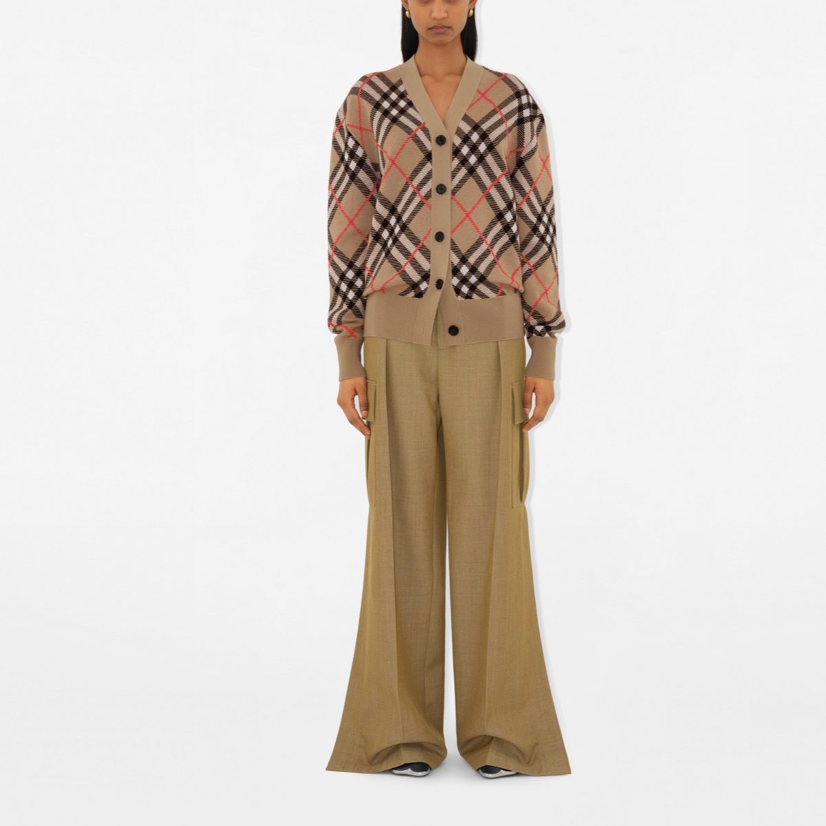 Shop (Women) Burberry  Check V-Neck Button-Up Loose Knit Sweater Brown. 80934911