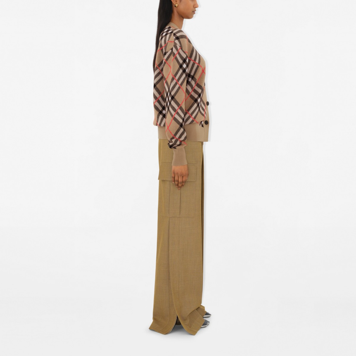 Details for (Women) Burberry  Check V-Neck Button-Up Loose Knit Sweater Brown. 80934911