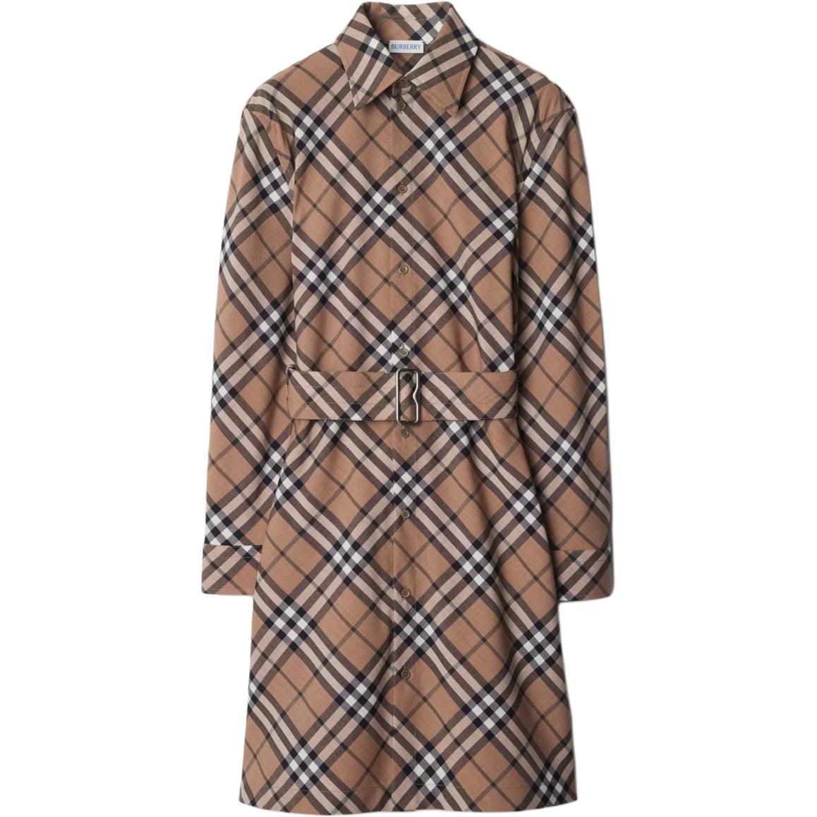 (Women) Burberry  Check Wool Midi Long Sleeve Dress Brown 80950801