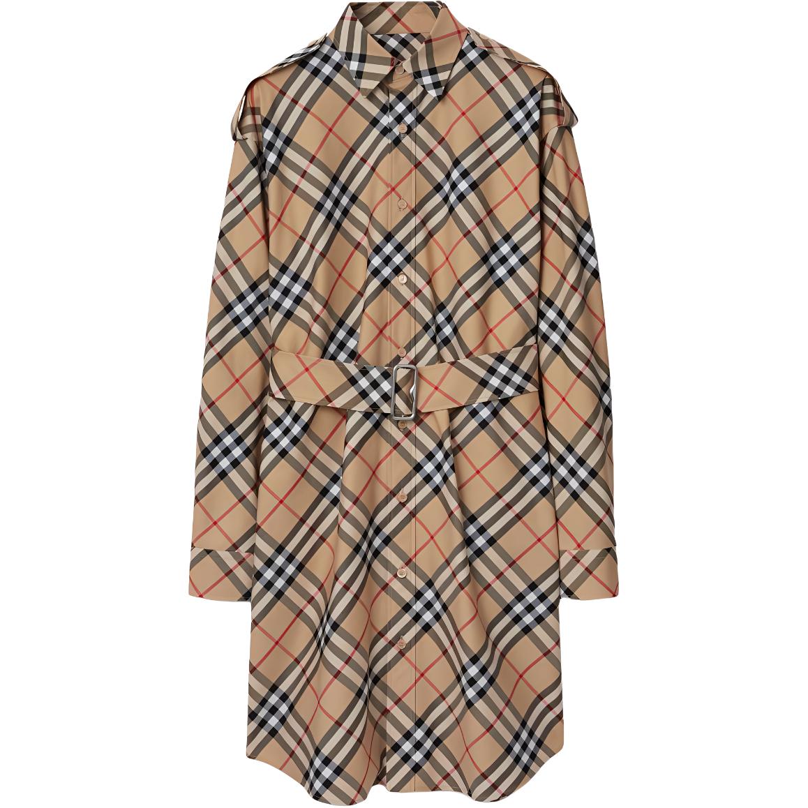 (Women) Burberry  Checkered Long-Sleeve Belted Midi Shirt Dress Beige 80866101