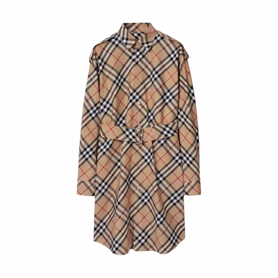 (Women) Burberry Checkered Long-Sleeve Belted Midi Shirt Dress Beige 80866101