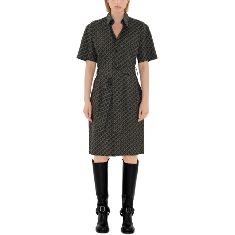 Shop (W) Vestido Burberry Midi a Cuadros con Cinturón y Manga Corta Negro/Gris. 80943561