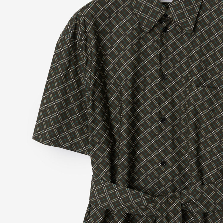 Sizing (W) Vestido Burberry Midi a Cuadros con Cinturón y Manga Corta Negro/Gris. 80943561