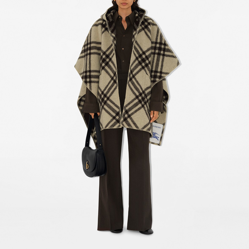 Lookbook (W) Burberry 拼接格紋寬鬆連帽斗篷披肩 - 卡其色 80968401