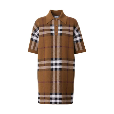 (Women) Burberry Colorblock Check Polo Dress in Deep Birch Brown. 80632171