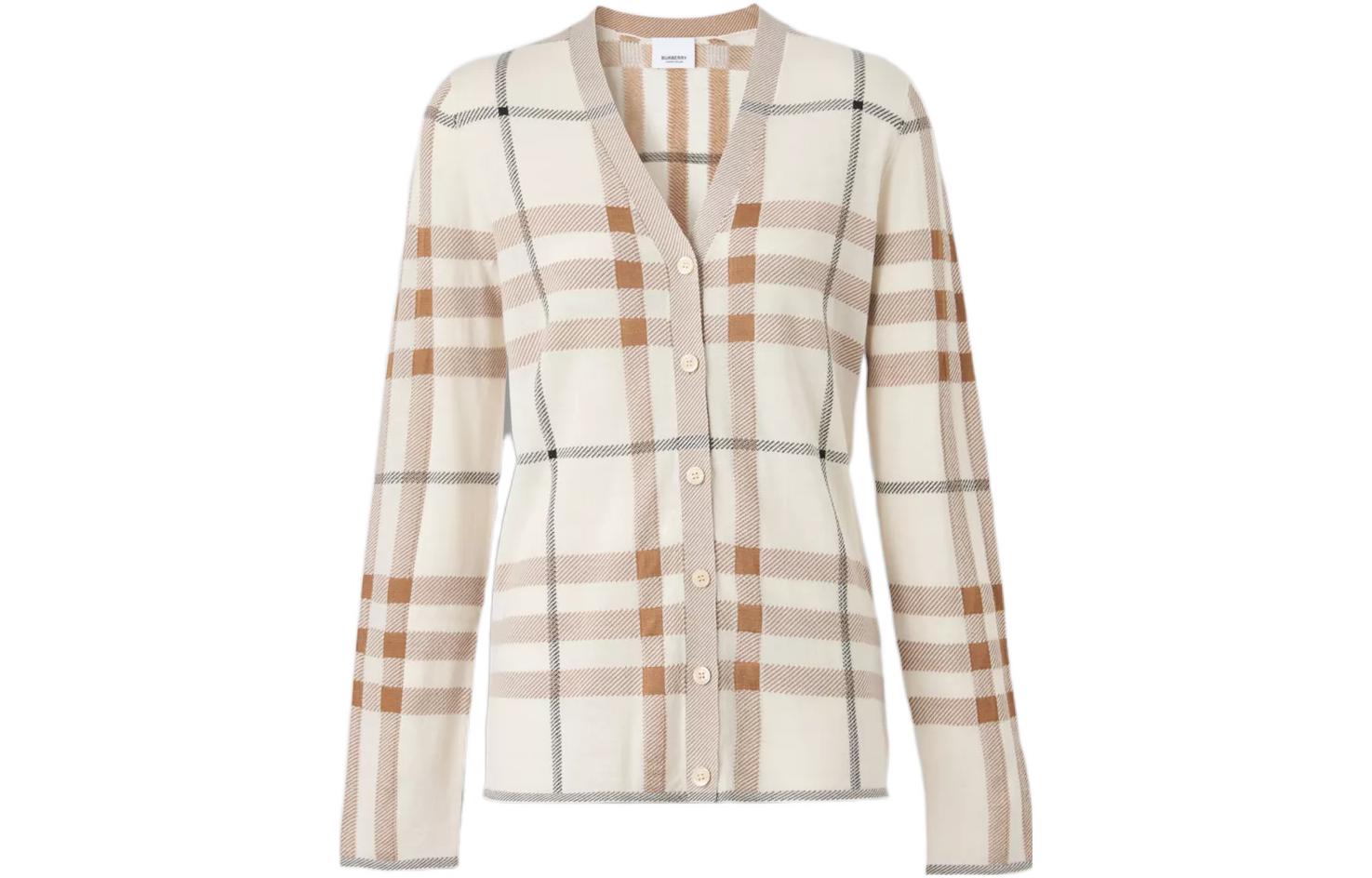 Order (Women) Burberry  Colorblock Check Wool Cardigan Sweater in Soft Sand. 80524011