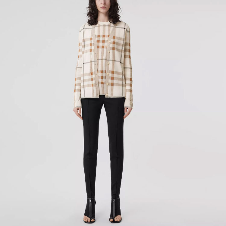 Lookbook (Women) Burberry  Colorblock Check Wool Cardigan Sweater in Soft Sand. 80524011
