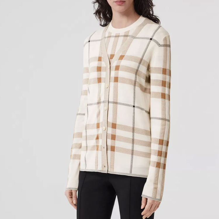 Shop (Women) Burberry  Colorblock Check Wool Cardigan Sweater in Soft Sand. 80524011