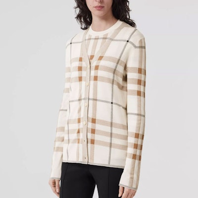 (Women) Burberry Colorblock Check Wool Cardigan Sweater in Soft Sand. 80524011 Details for (Women) Burberry Colorblock Check Wool Cardigan Sweater in Soft Sand. 80524011