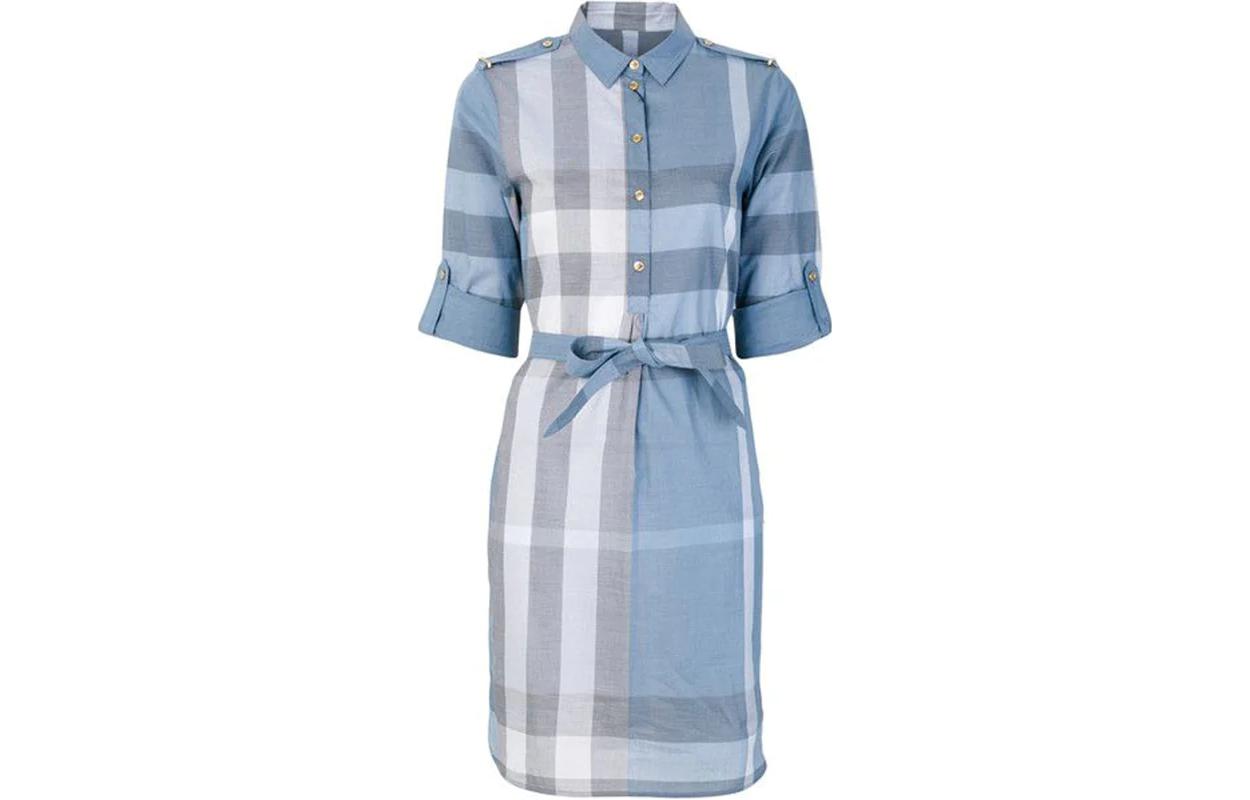 (Women) Burberry  Colorblock Plaid Lace-Up Shirt Dress Light Blue 80277091
