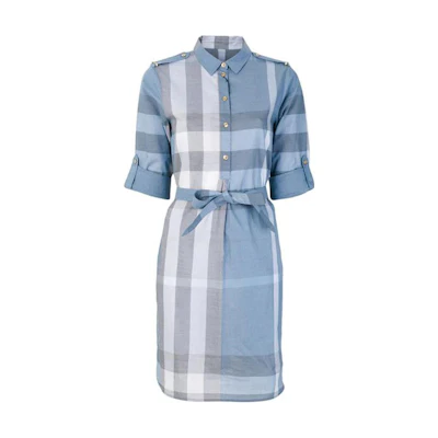(Women) Burberry Colorblock Plaid Lace-Up Shirt Dress Light Blue 80277091