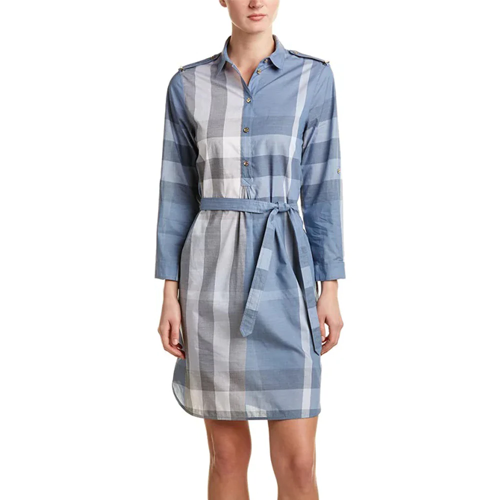 Lookbook (W) 버버리 컬러블록 체크 레이스업 셔츠 드레스 라이트 블루 80277091