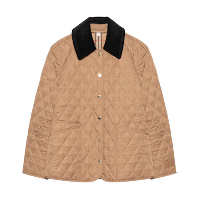 (Women) Burberry Cotton Quilted Jacket with Checked Corduroy Collar - Camel. 80651081