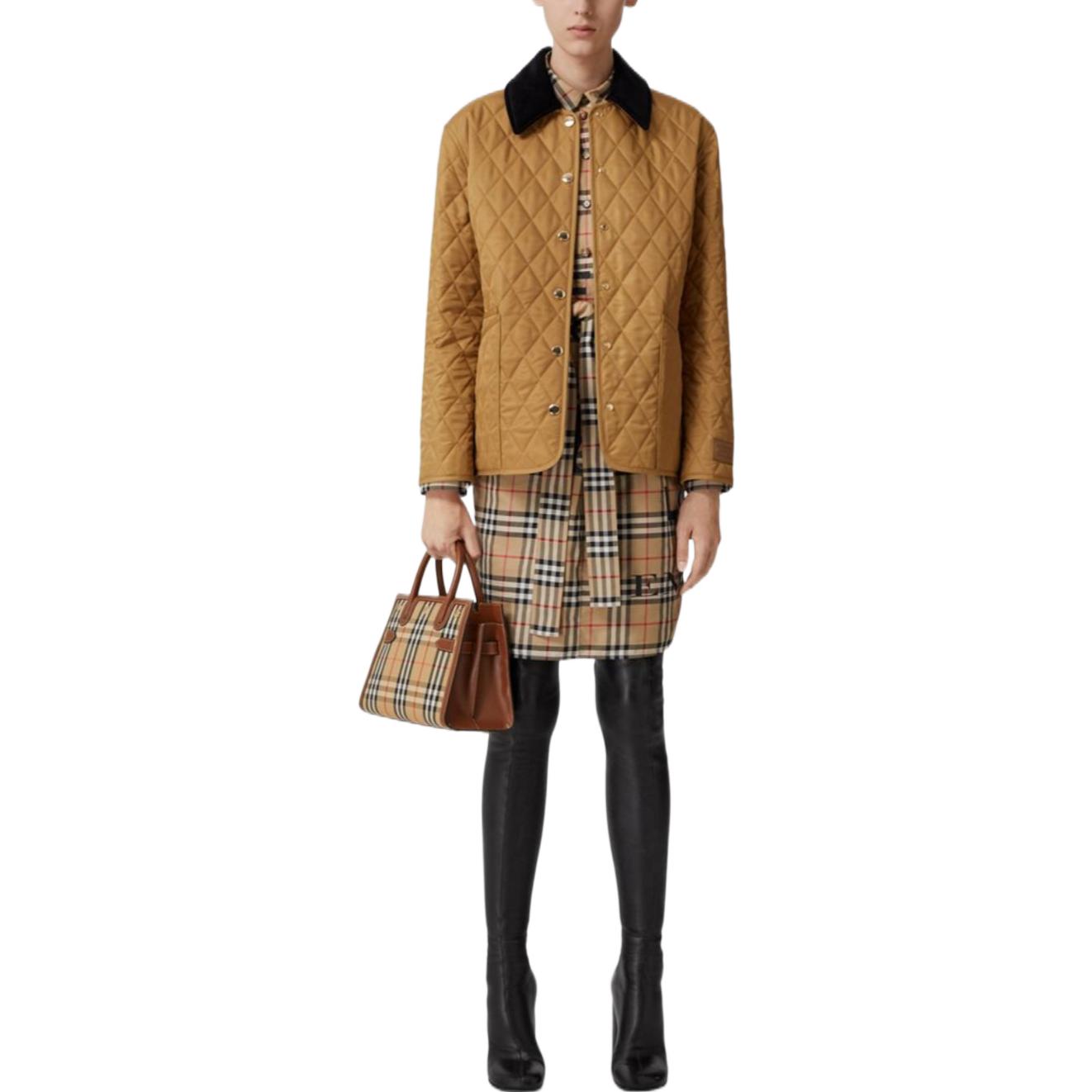 Shop (Women) Burberry  Cotton Quilted Jacket with Checked Corduroy Collar - Camel. 80651081