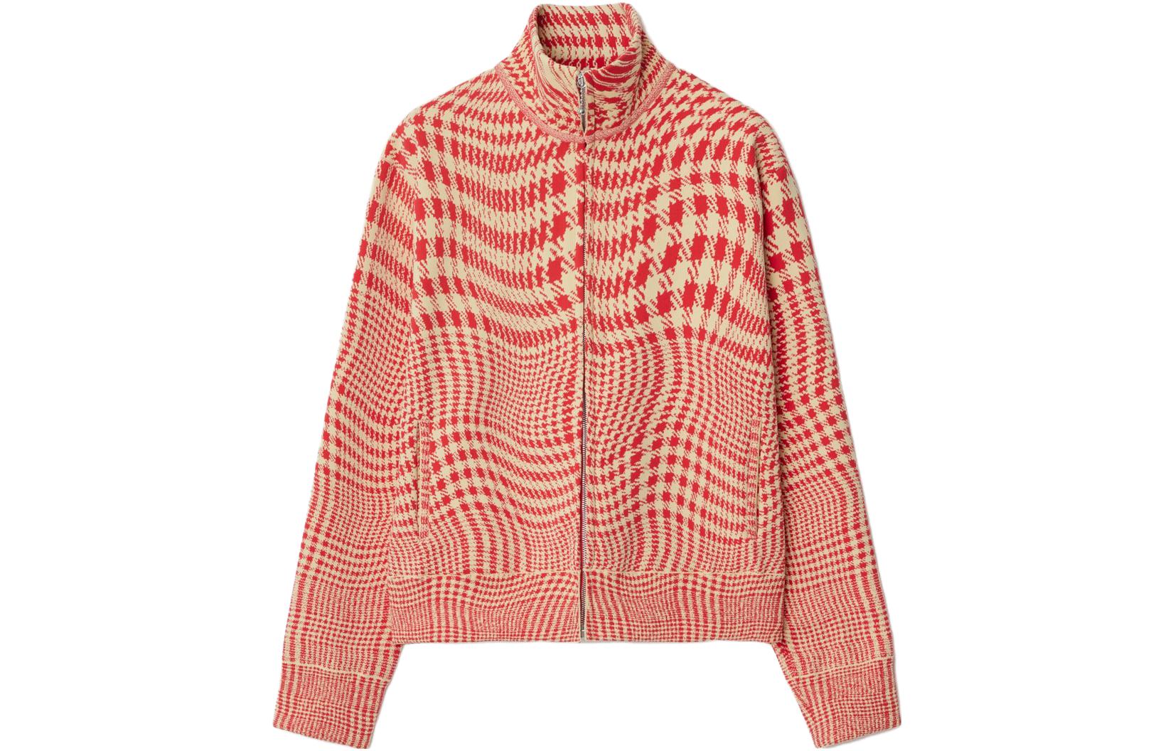 (Women) Burberry  Curved Houndstooth Stand Collar Zip Jacket - Red 80827301