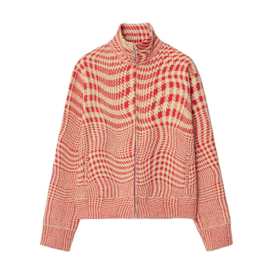 (Women) Burberry Curved Houndstooth Stand Collar Zip Jacket - Red 80827301