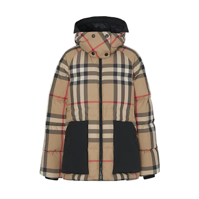 (Women) Burberry Detachable Hood Check Puffer Jacket Brown. 80590941