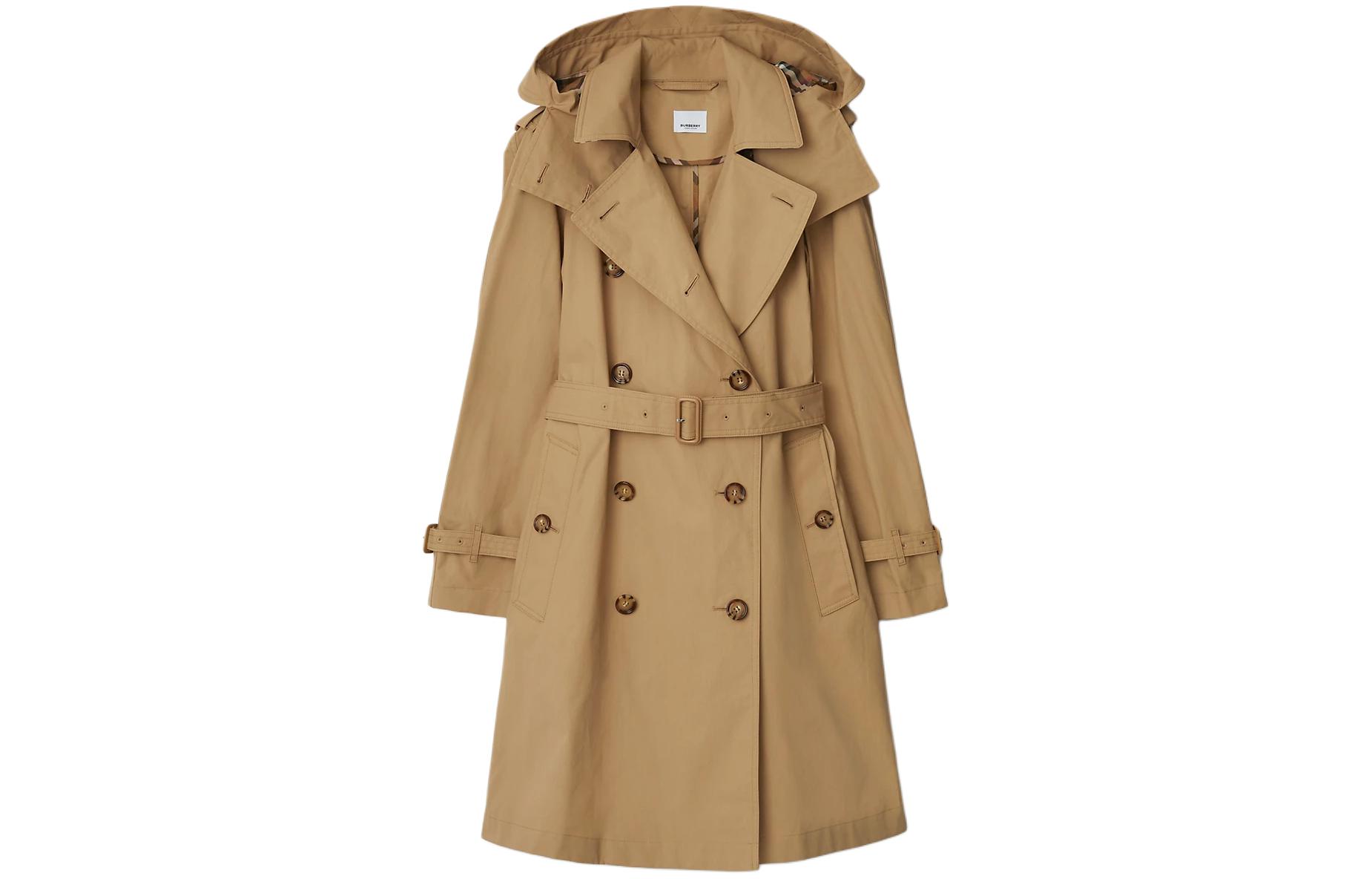 Order (W) Burberry Jaket Trench Double-Breasted dengan Hoodie Lepas Pasang Beige. 80842521