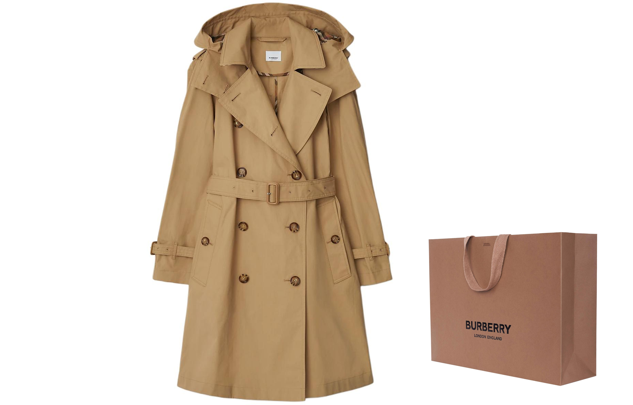 Shop (W) Burberry Jaket Trench Double-Breasted dengan Hoodie Lepas Pasang Beige. 80842521