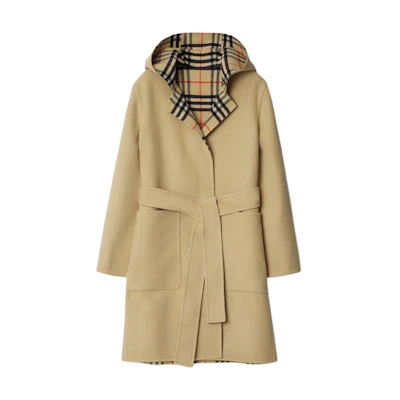 (Women) Burberry Double-Sided Hooded Trench Coat in Solid Check Print Beige. 80938311
