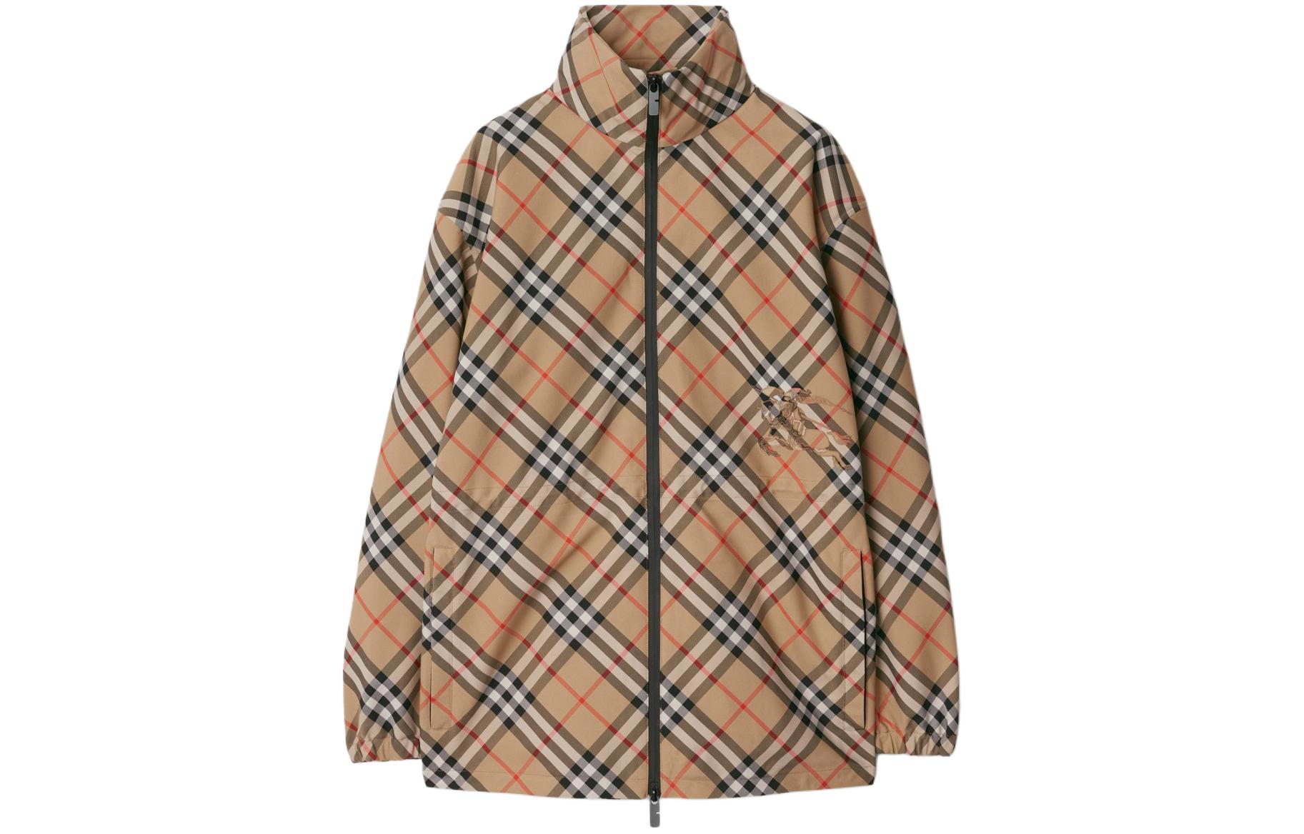 (Women) Burberry  Equestrian Logo Check High Neck Zip Jacket Beige 80872311