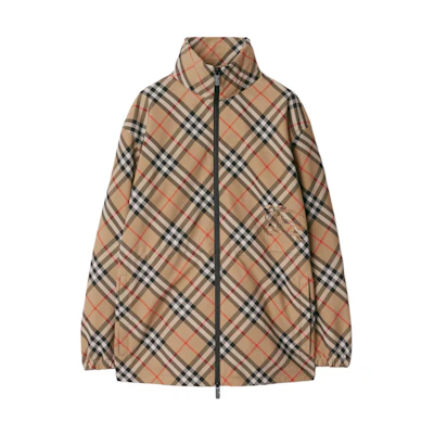(Women) Burberry Equestrian Logo Check High Neck Zip Jacket Beige 80872311