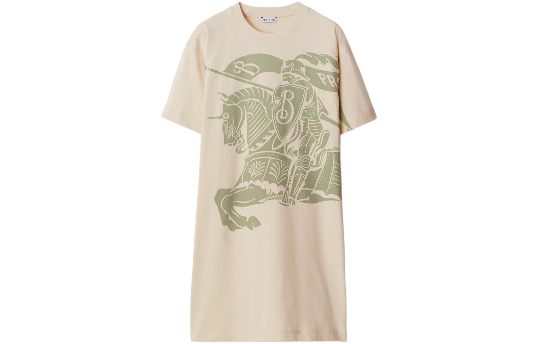 (Women) Burberry  Equestrian Logo Print Crew Neck Short Sleeve Dress White. 80906451