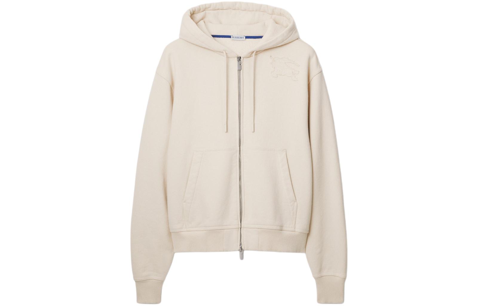 (Women) Burberry  Equestrian Logo Zip-Up Hoodie in Soap White. 80849611