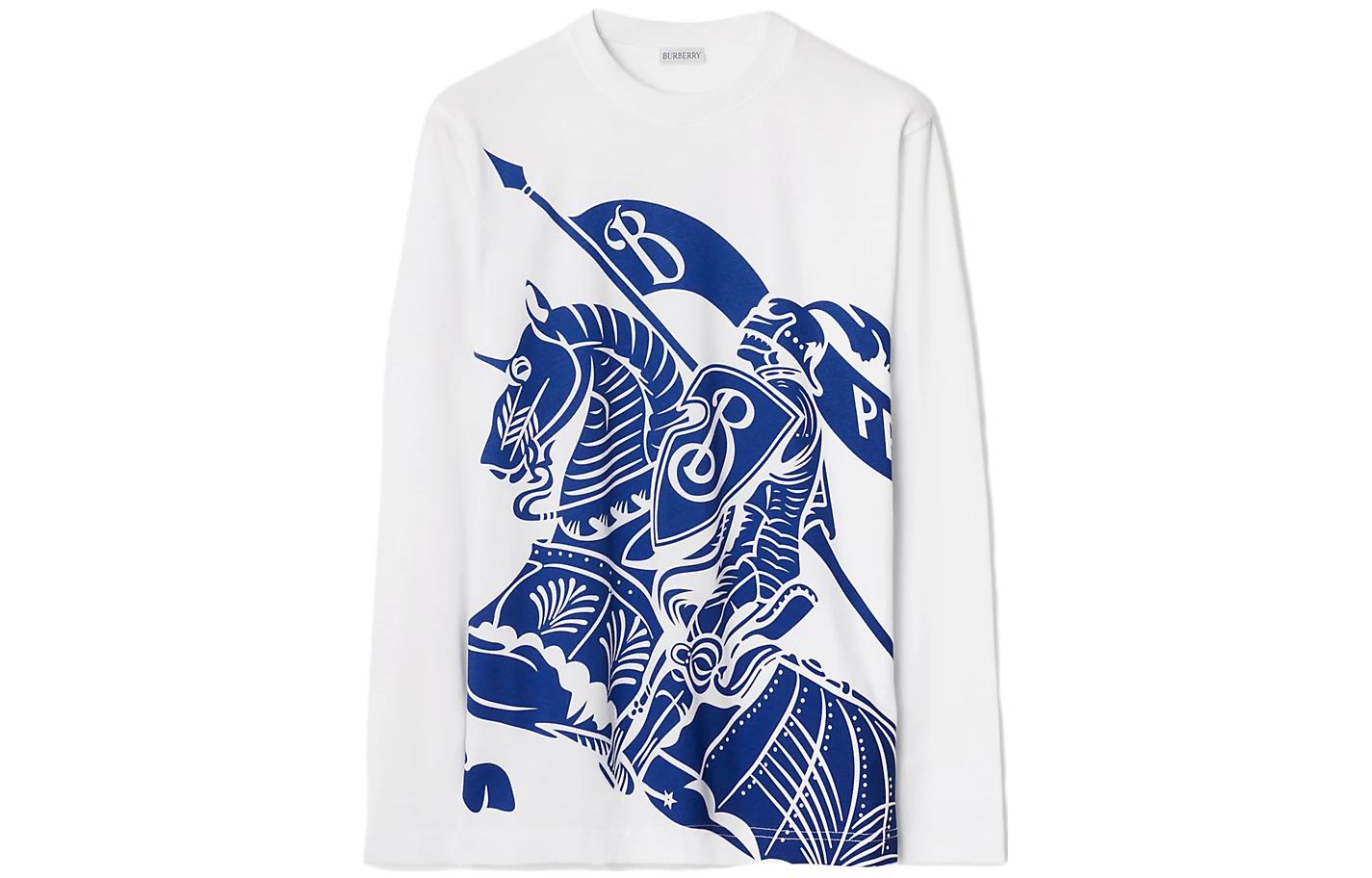 (Women) Burberry  Equestrian Printed Crewneck Drop Shoulder Long Sleeve Tee White 80776691