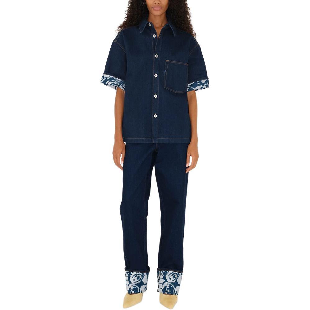 Shop (W) 버버리 플로럴 프린트 커프드 스트레이트 레그 진 블루 80837031