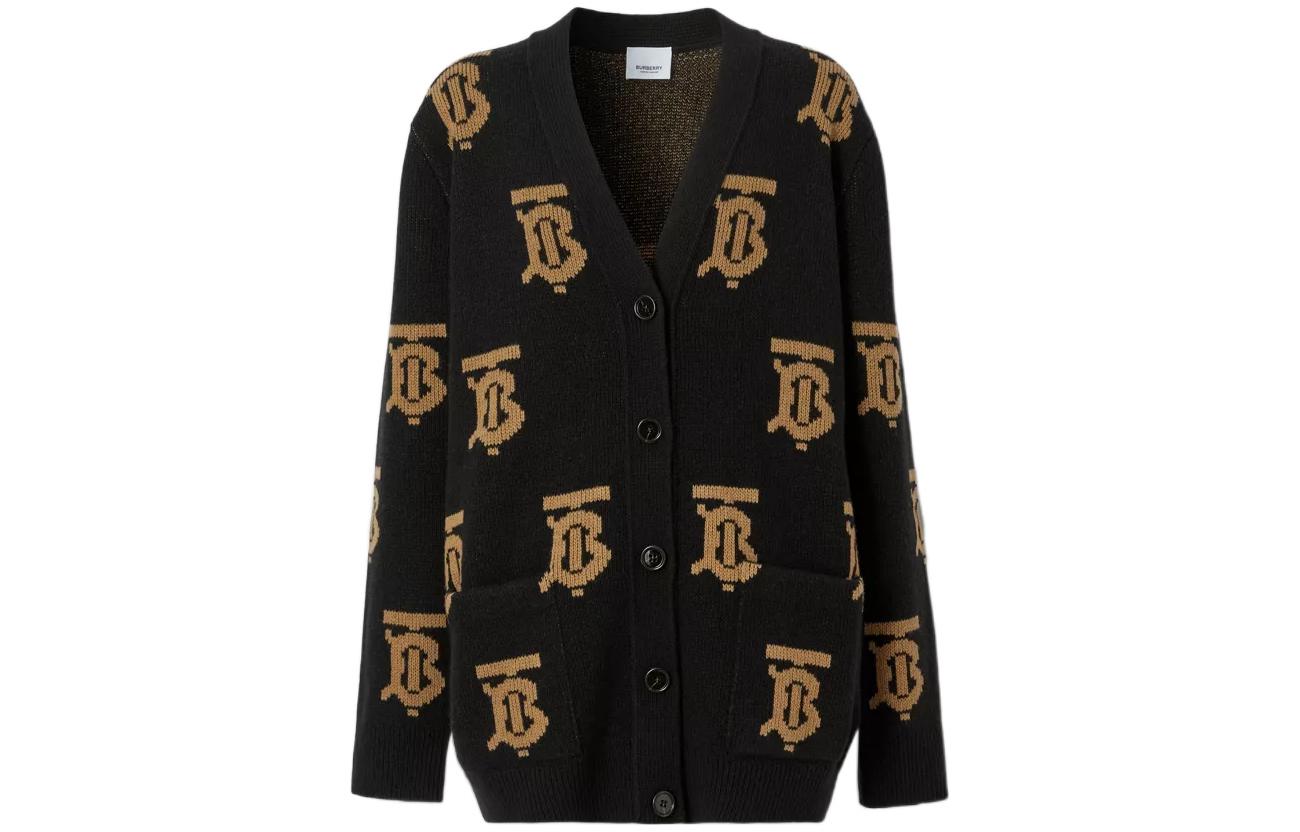 (Women) Burberry  FW22 Black Logo Jacquard V-Neck Knit Cardigan. 80632091