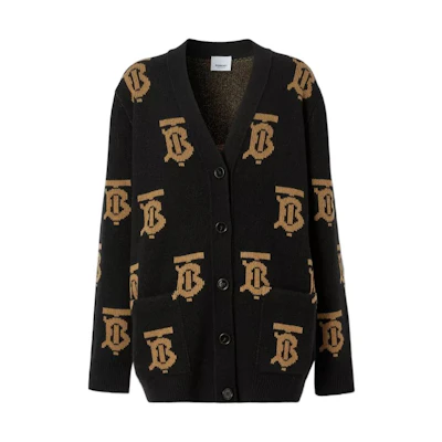 (Women) Burberry FW22 Black Logo Jacquard V-Neck Knit Cardigan. 80632091
