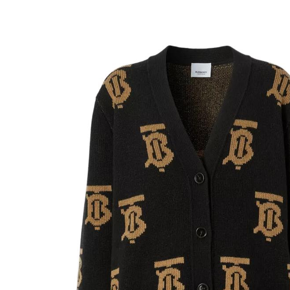Shop (Women) Burberry  FW22 Black Logo Jacquard V-Neck Knit Cardigan. 80632091
