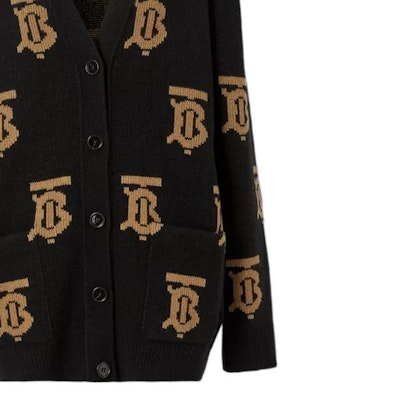 (Women) Burberry FW22 Black Logo Jacquard V-Neck Knit Cardigan. 80632091 Details for (Women) Burberry FW22 Black Logo Jacquard V-Neck Knit Cardigan. 80632091