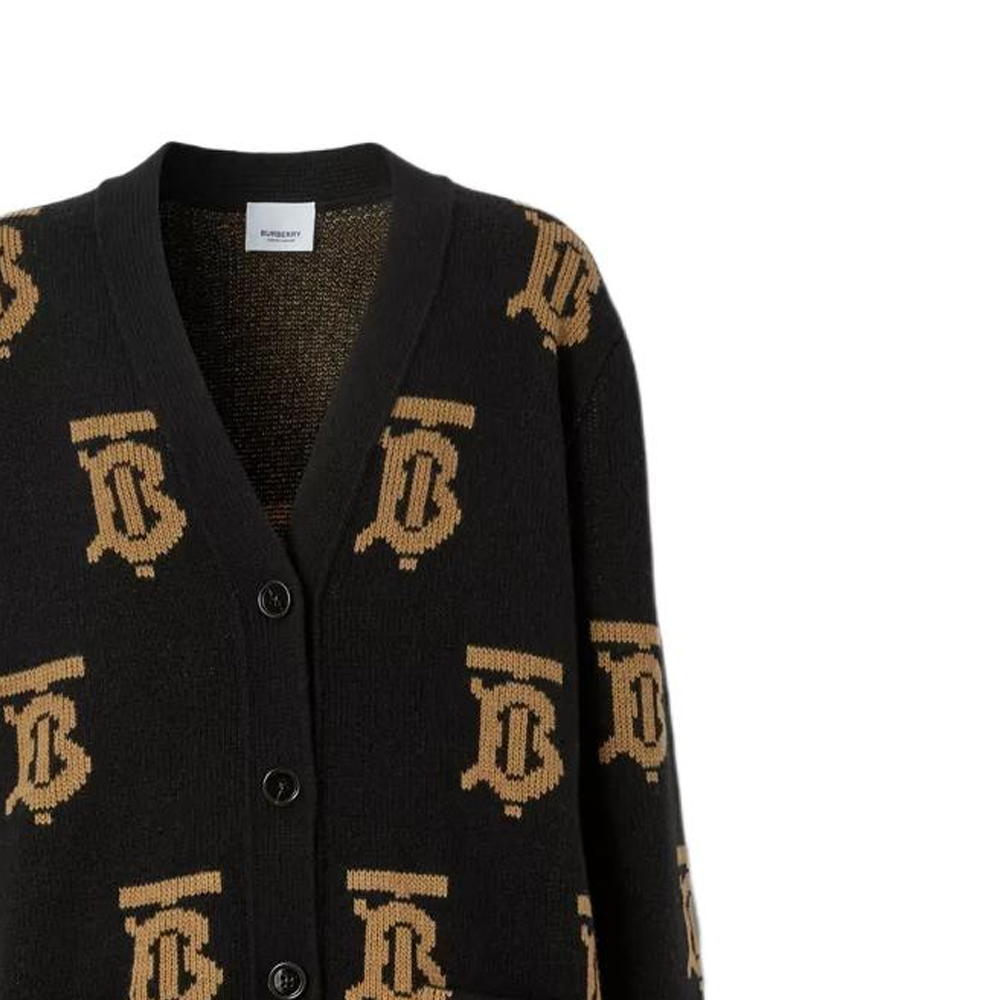 Sizing (Women) Burberry  FW22 Black Logo Jacquard V-Neck Knit Cardigan. 80632091