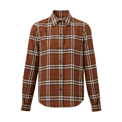 (Women) Burberry FW22 Checkered Long Sleeve Collared Shirt Dark Birch Brown 80580891