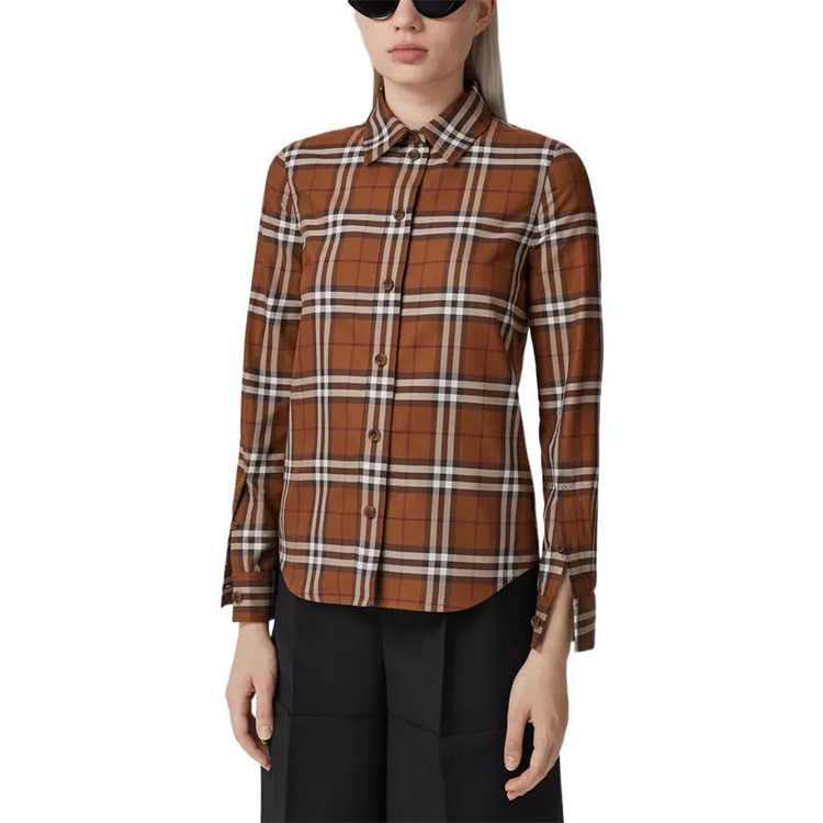 (Women) Burberry  FW22 Checkered Long Sleeve Collared Shirt Dark Birch Brown 80580891 圖 4