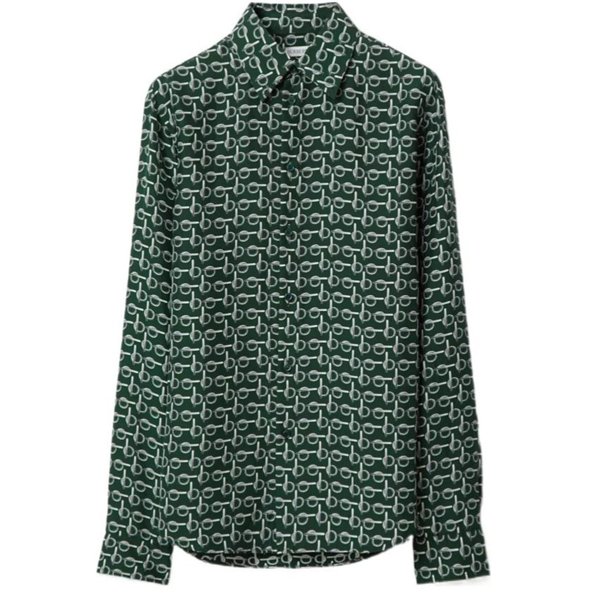 (Women) Burberry  Green Pattern Print Point Collar Long Sleeve Shirt. 80889491