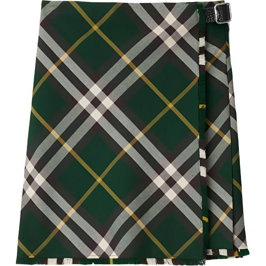 (Women) Burberry  Green Plaid High-Waist Skirt with B Buckle Detail. 80830161