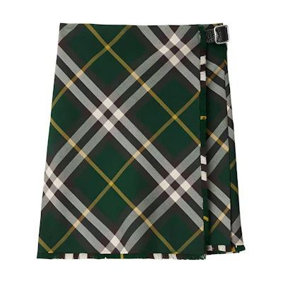 (Women) Burberry Green Plaid High-Waist Skirt with B Buckle Detail. 80830161