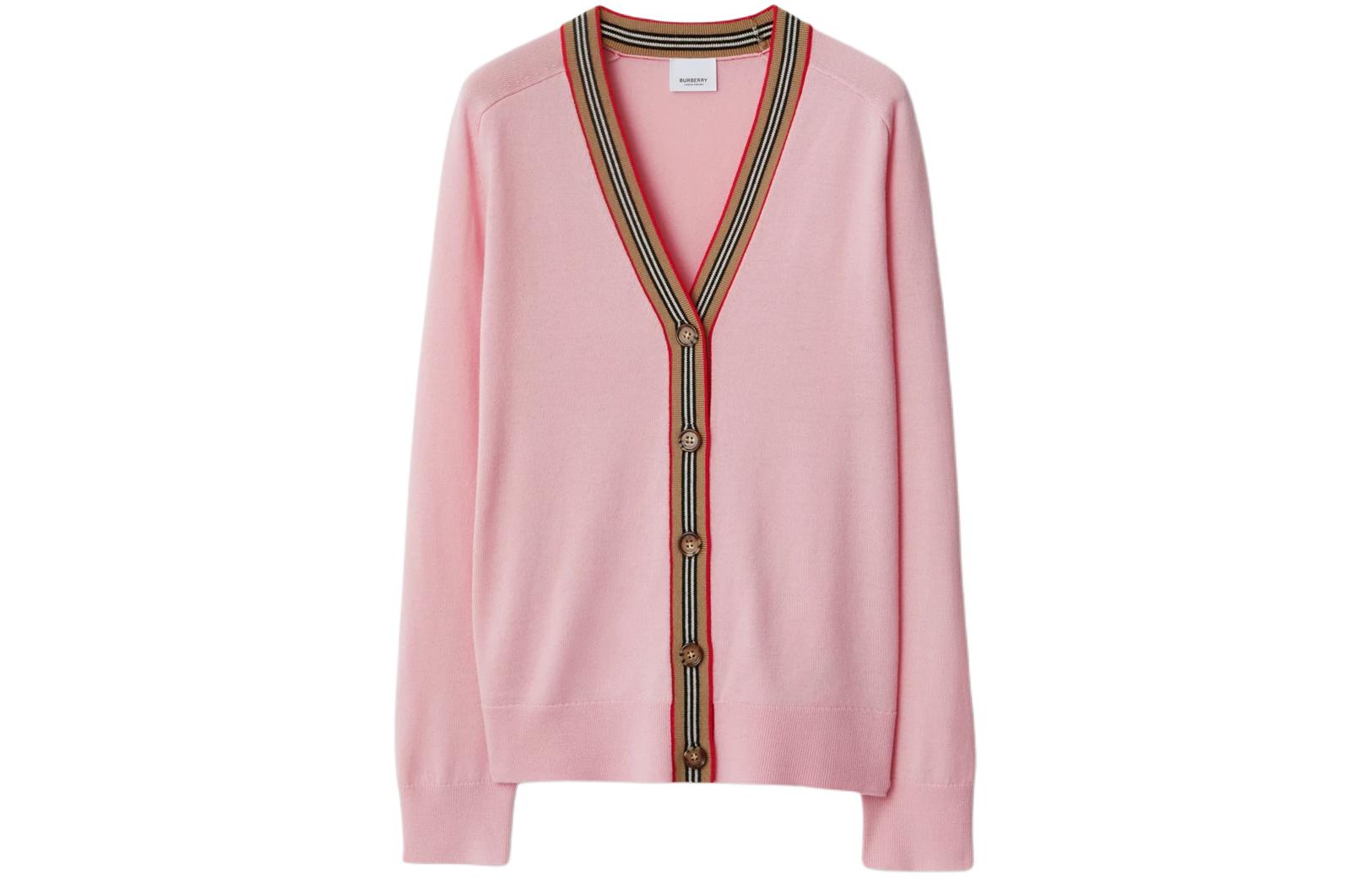 Order (Women) Burberry  Iconic Stripe Trim Single-Breasted Knit Top Soft Pink. 80843271