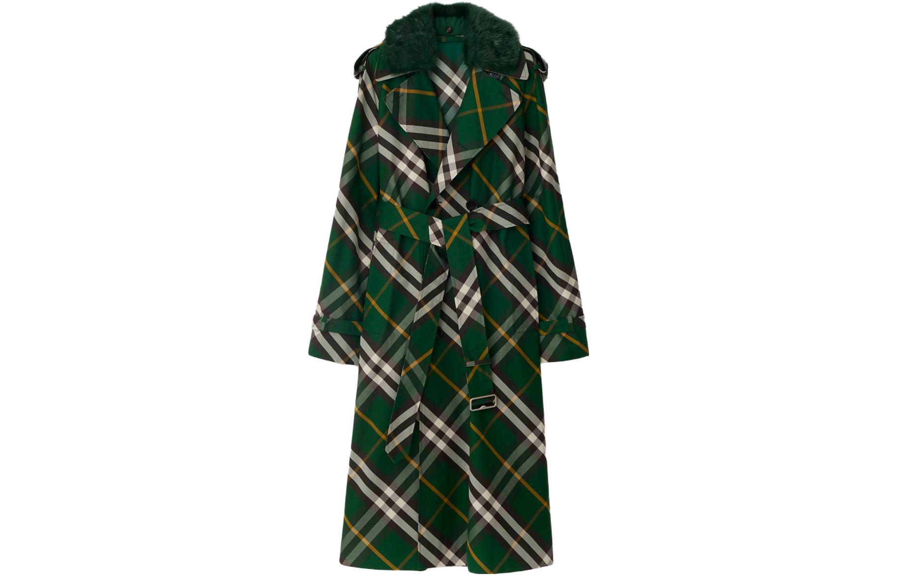 (Women) Burberry  Ivy Green Checkered Belted Long Trench Coat 80821651