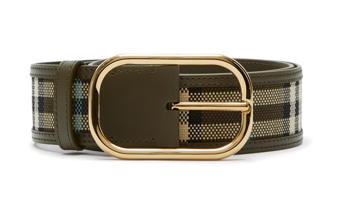 (Women) Burberry  Leather Belt with Check Detail, Olive Green, 4cm Width. 80741831