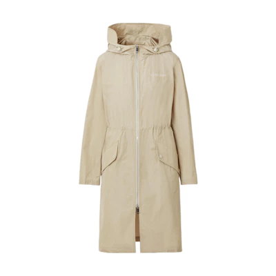 (Women) Burberry Letter Print Zipper Hooded Mid-Length Trench Coat Khaki. 80565421