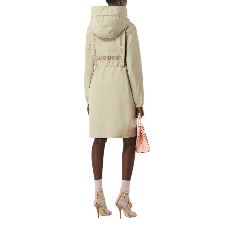 (Women) Burberry  Letter Print Zipper Hooded Mid-Length Trench Coat Khaki. 80565421 圖 4