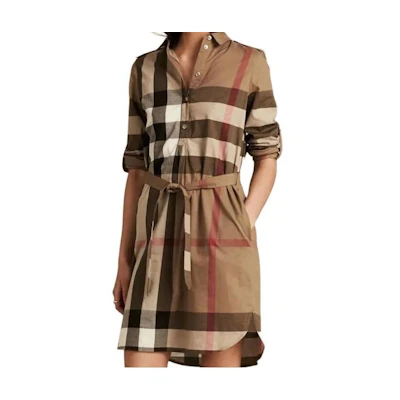 (Women) Burberry Long Sleeve Check Tie-Waist Button Dress Brown 80803741